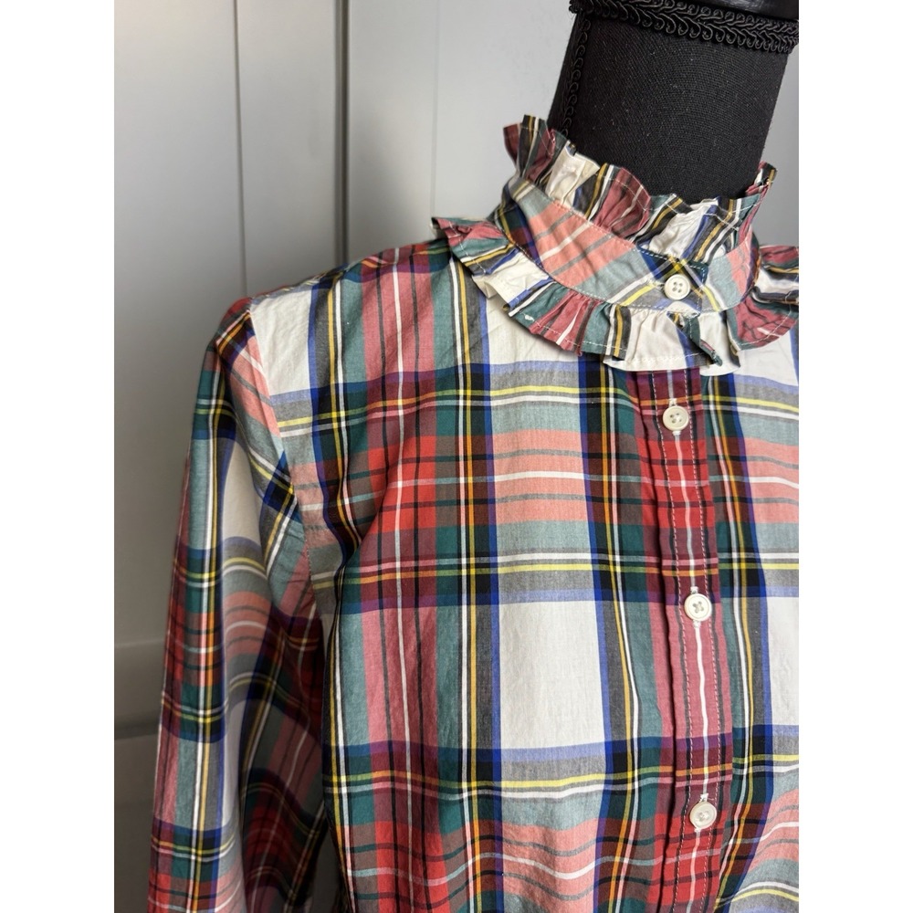 J Crew Plaid Top Shirt Multicolor Ruffle Neck Puff Sleeve Preppy Tartan Academia